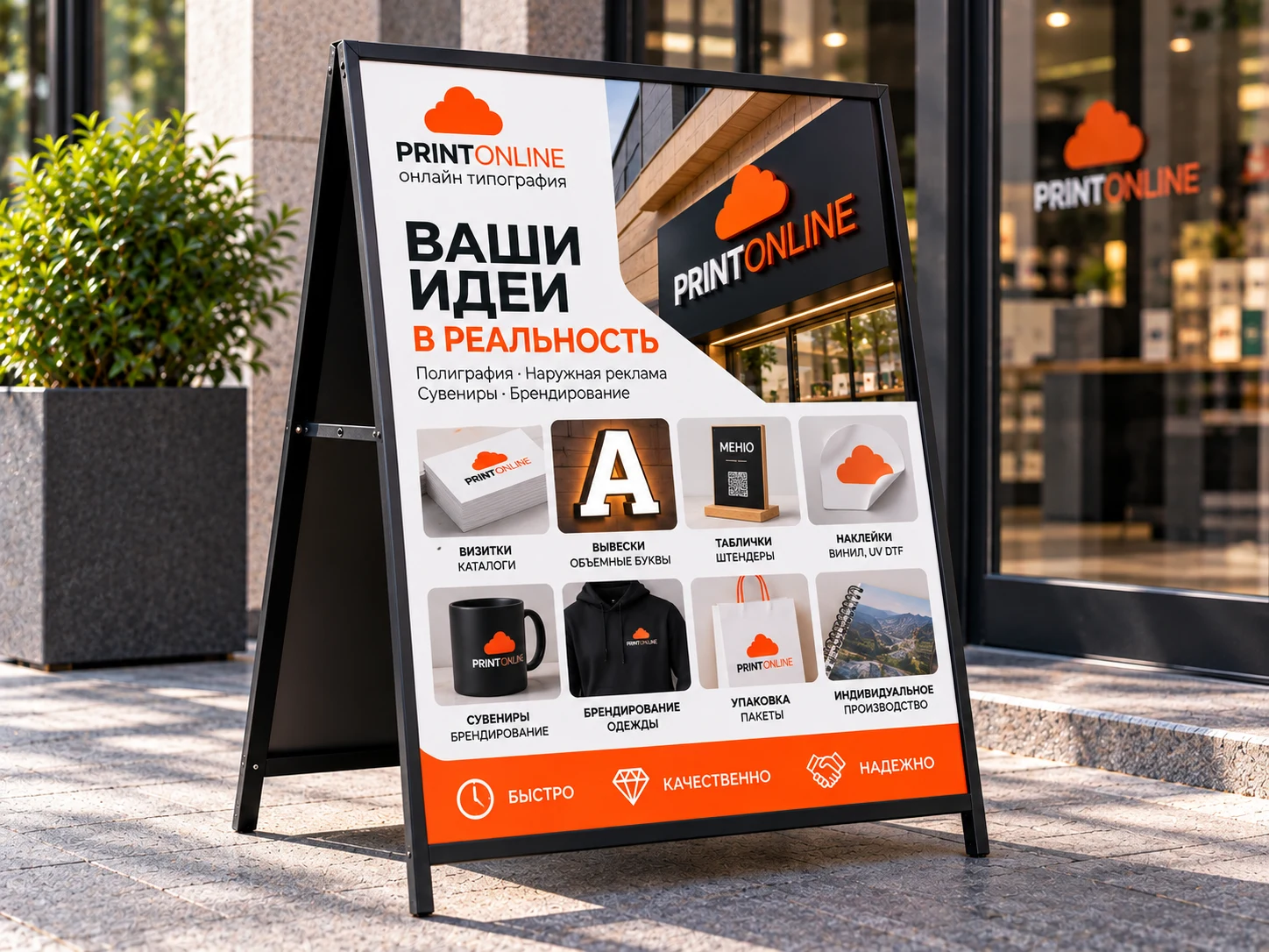 Уличный штендер на металлическом каркасе с рекламным постером